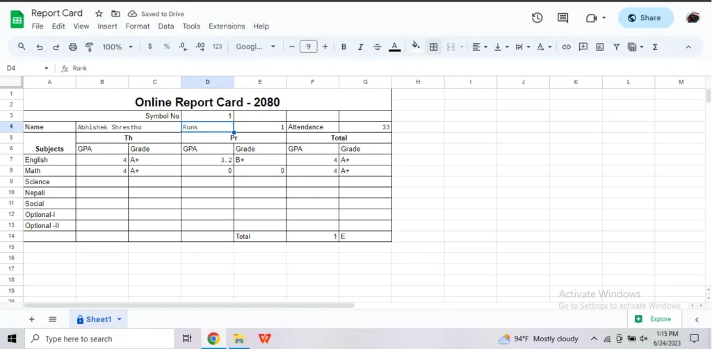 View Report Card in School Management System